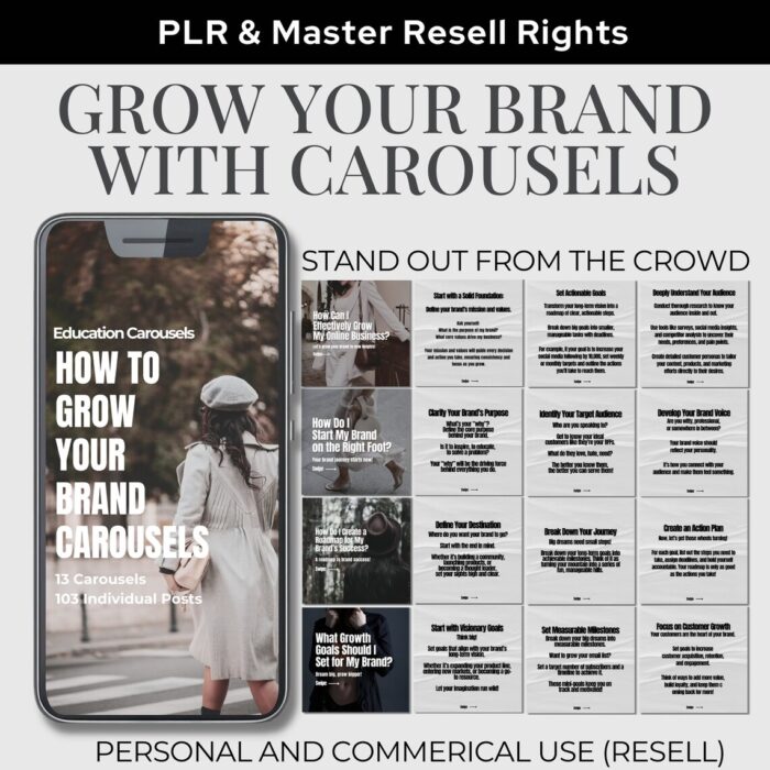 This Instagram Carousel MRR package includes Social Media Templates designed specifically for marketing carousels, offering both PLR and Master Resell Rights. Perfect for Faceless Instagram Marketing, these Carousel Templates are ready to enhance your social media strategy while allowing for profitable resale. 𝗞𝗘𝗬 𝗙𝗘𝗔𝗧𝗨𝗥𝗘𝗦 ✔13 Carousel Posts: Ready-to-use Instagram templates designed for high engagement. ✔Social Media Marketing Focus: Ideal for showcasing tips, strategies, or promotional content. ✔Customizable in Canva: Easily edit to fit your brand's style and messaging. ✔Curated real stock images 𝗪𝗛𝗔𝗧'𝗦 𝗜𝗡𝗖𝗟𝗨𝗗𝗘𝗗 ✔13 carousels and 103 posts ✔10 smartphone listing templates ✔Social Media Bundle ebook