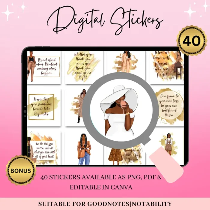 Black Woman Planner Stickers | Canva Editable Motivational Precropped Stickers
