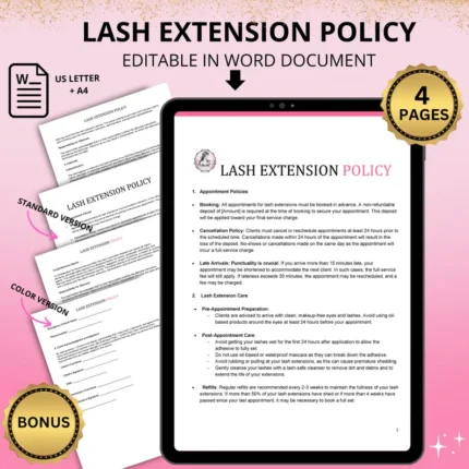 Lash Extension Policy | Editable Word Doc Template